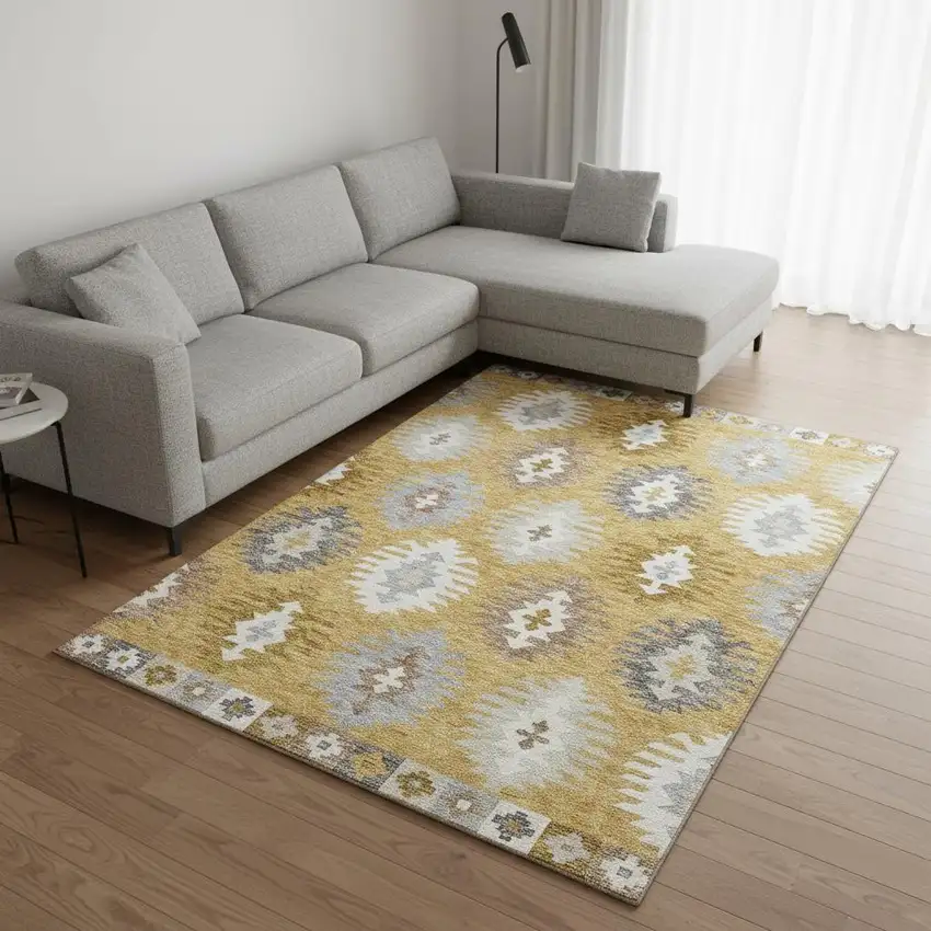 Gold Gray And Silver Southwestern Washable Area Rug With UV Protection Photo 2