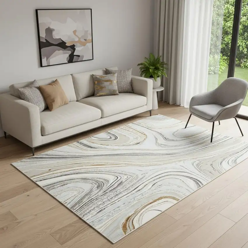 Gold Gray and Ivory Abstract Non Skid Area Rug Photo 1