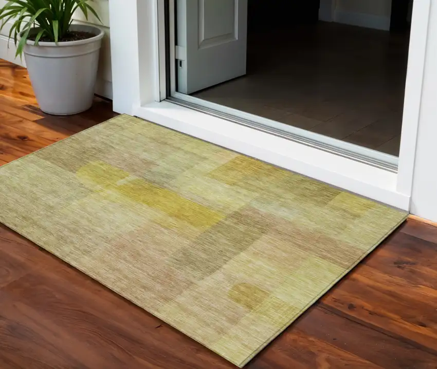 Gold Green And Brown Abstract Washable Indoor Outdoor Area Rug Photo 1