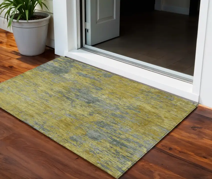 Gold Green And Gray Abstract Washable Indoor Outdoor Area Rug Photo 1
