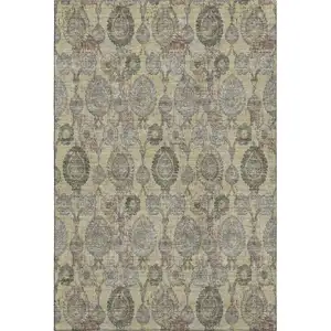 Photo of Gold Green And Gray Damask Washable Area Rug With UV Protection