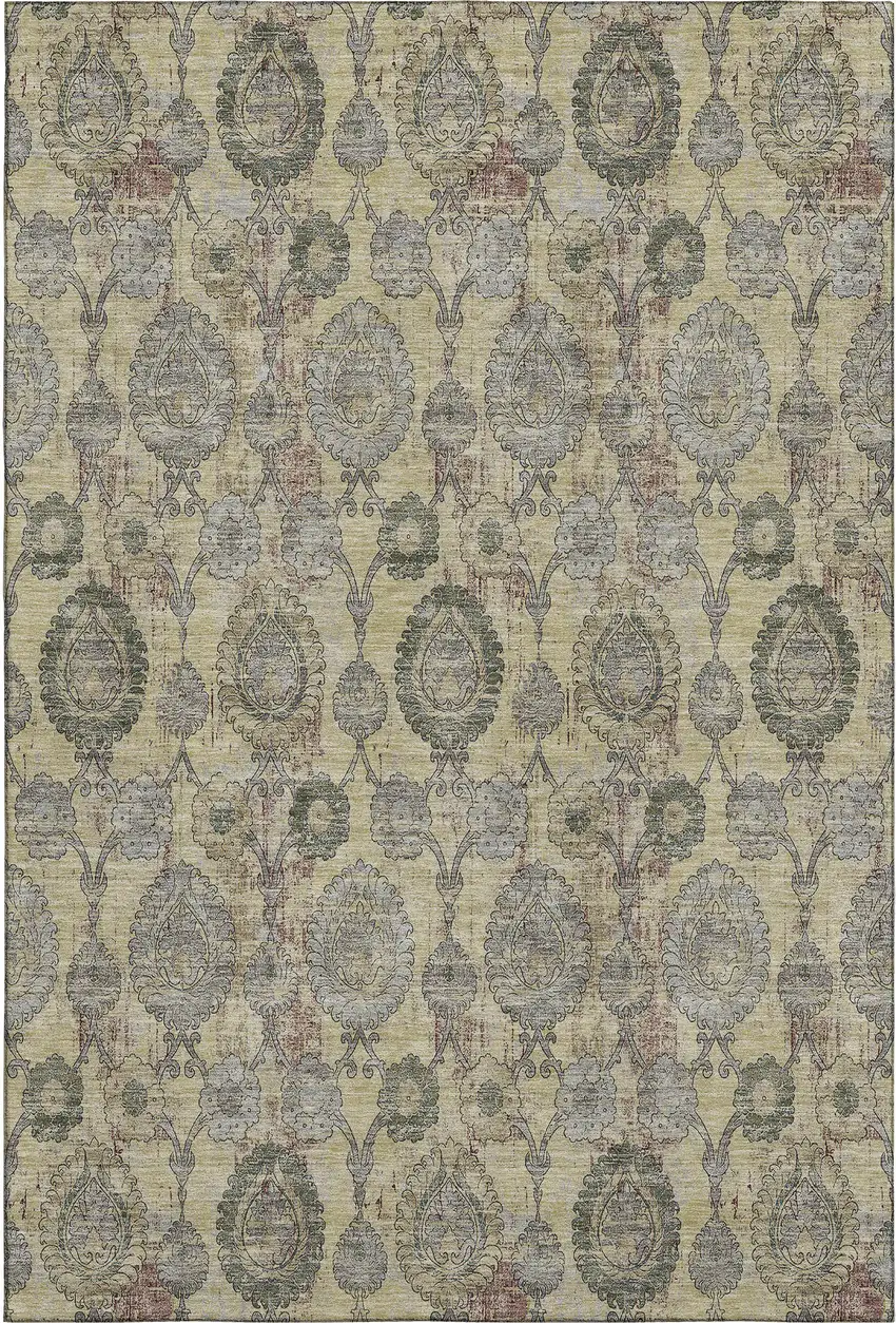 Gold Green And Gray Damask Washable Area Rug With UV Protection Photo 1