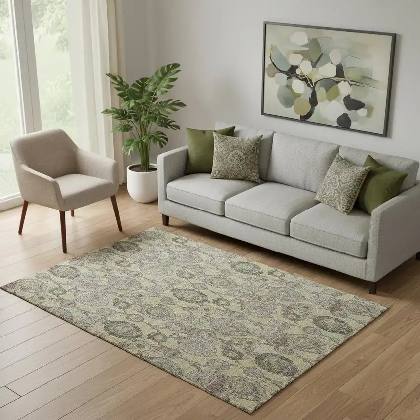 Gold Green And Gray Damask Washable Area Rug With UV Protection Photo 1