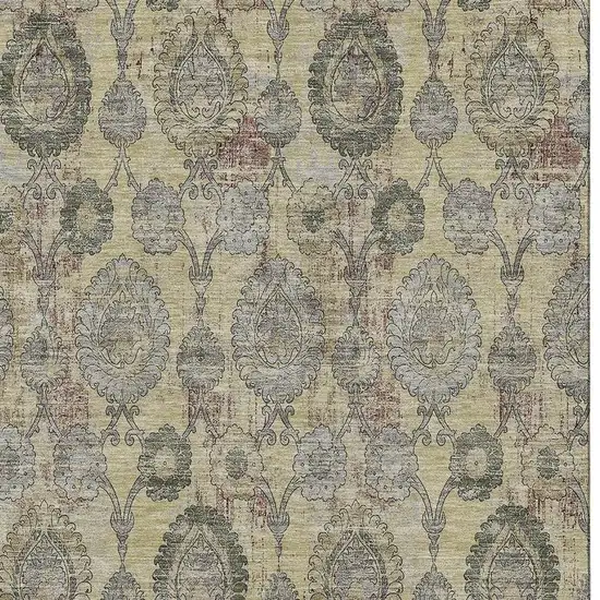Gold Green And Gray Damask Washable Area Rug With UV Protection Photo 3