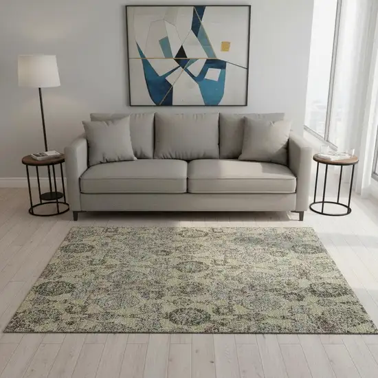 Gold Green And Gray Damask Washable Area Rug With UV Protection Photo 2