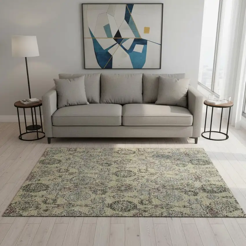 Gold Green And Gray Damask Washable Area Rug With UV Protection Photo 2