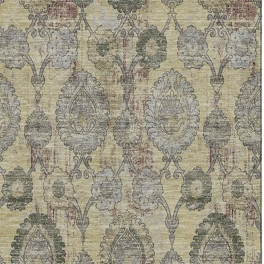 Gold Green And Gray Damask Washable Area Rug With UV Protection Photo 3