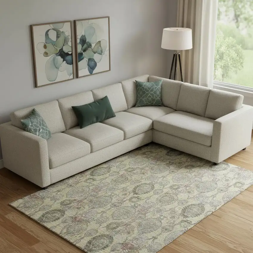 Gold Green And Gray Damask Washable Area Rug With UV Protection Photo 1