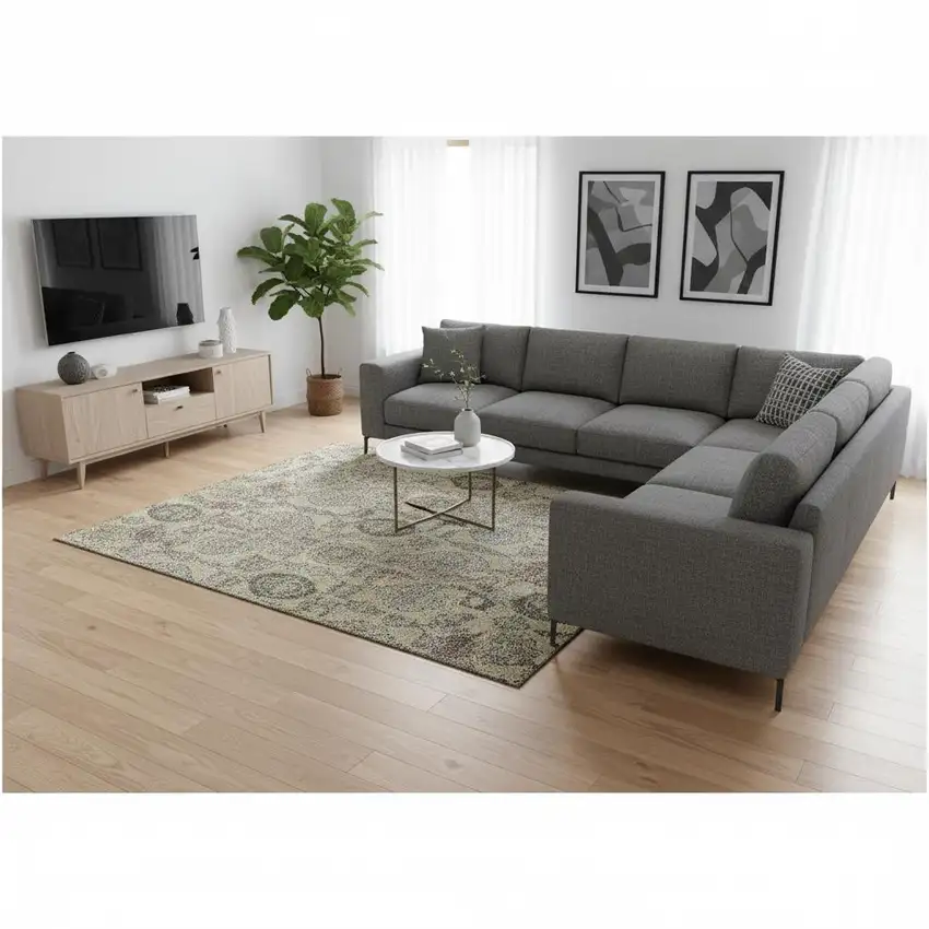 Gold Green And Gray Damask Washable Area Rug With UV Protection Photo 2