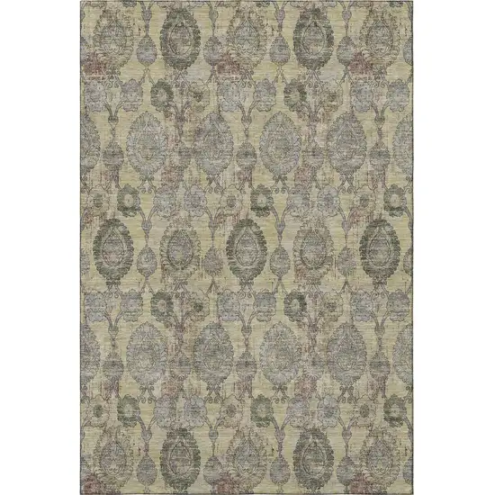Gold Green And Gray Damask Washable Area Rug With UV Protection Photo 4