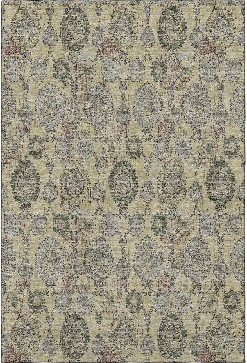 Gold Green And Gray Damask Washable Area Rug With UV Protection Photo 4