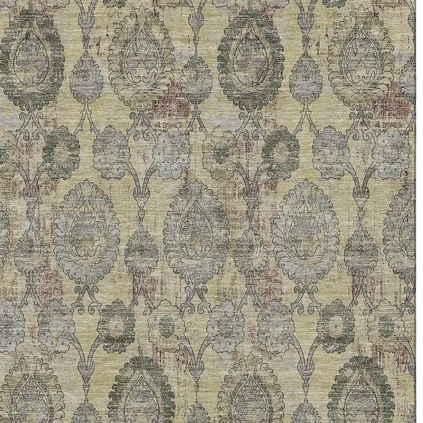 Gold Green And Gray Damask Washable Area Rug With UV Protection Photo 3