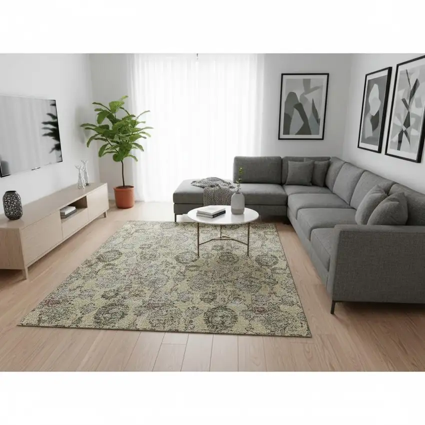 Gold Green And Gray Damask Washable Area Rug With UV Protection Photo 2