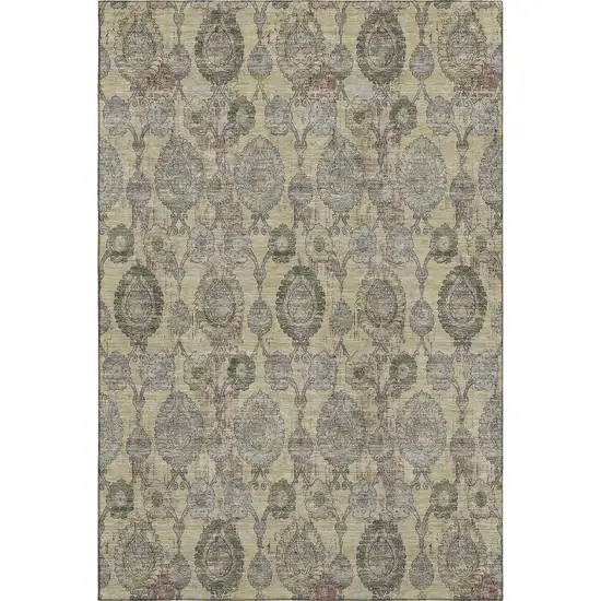 Gold Green And Gray Damask Washable Area Rug With UV Protection Photo 1