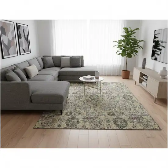 Gold Green And Gray Damask Washable Area Rug With UV Protection Photo 2