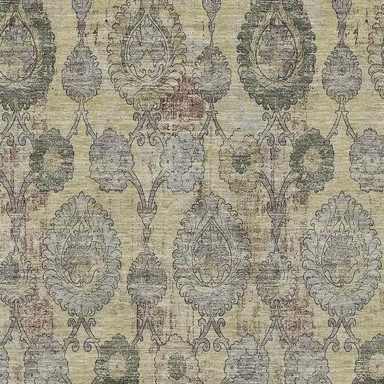 Gold Green And Gray Damask Washable Area Rug With UV Protection Photo 3