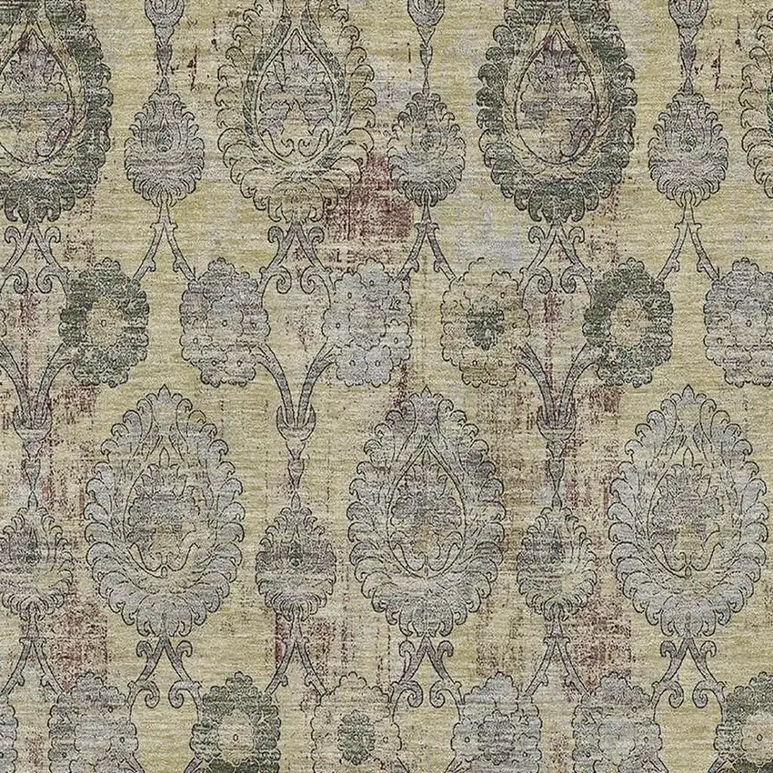 Gold Green And Gray Damask Washable Area Rug With UV Protection Photo 3