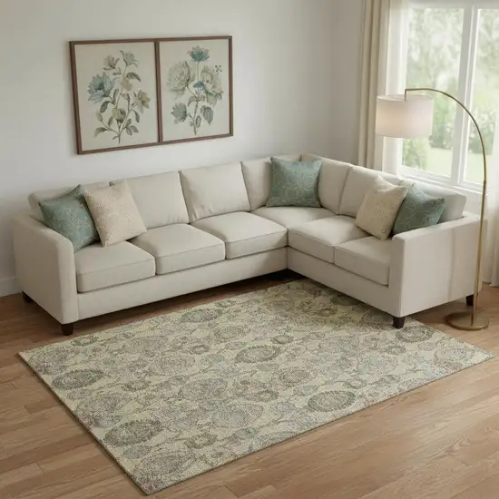 Gold Green And Gray Damask Washable Area Rug With UV Protection Photo 1