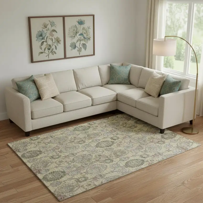 Gold Green And Gray Damask Washable Area Rug With UV Protection Photo 1