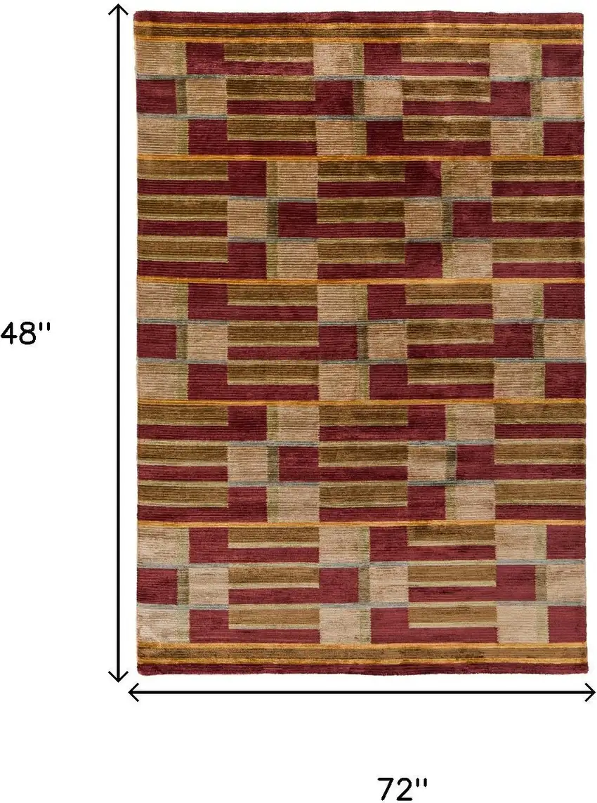 Gold Green And Red Striped Hand Knotted Area Rug Photo 8