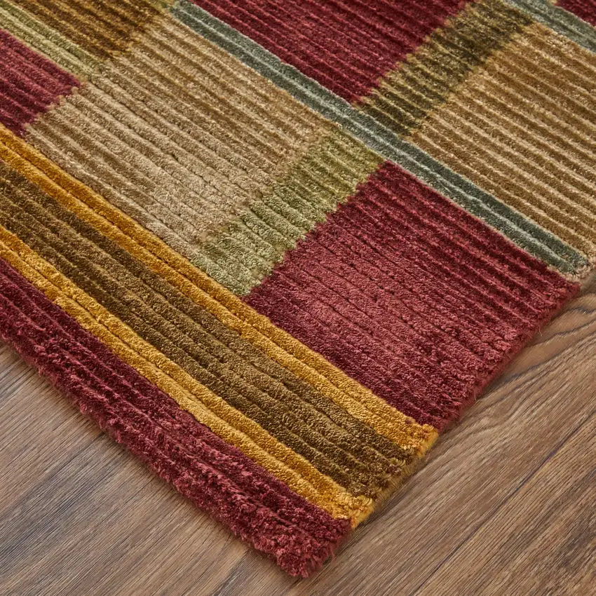 Gold Green And Red Striped Hand Knotted Area Rug Photo 3