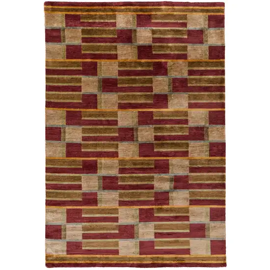 Gold Green And Red Striped Hand Knotted Area Rug Photo 2