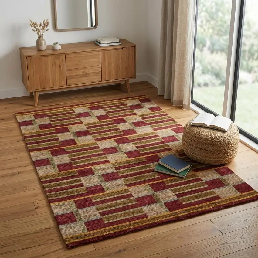 Gold Green And Red Striped Hand Knotted Area Rug Photo 1