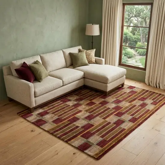 Gold Green And Red Striped Hand Knotted Area Rug Photo 1