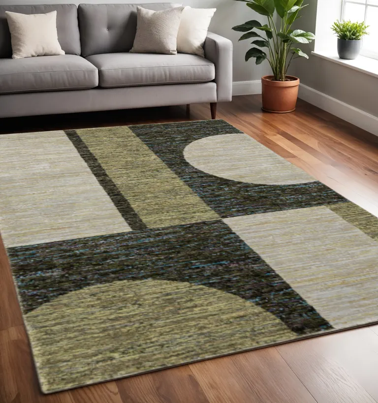 Gold Green Charcoal Teal Blue Purple Grey And Beige Geometric Power Loom Stain Resistant Area Rug Photo 3