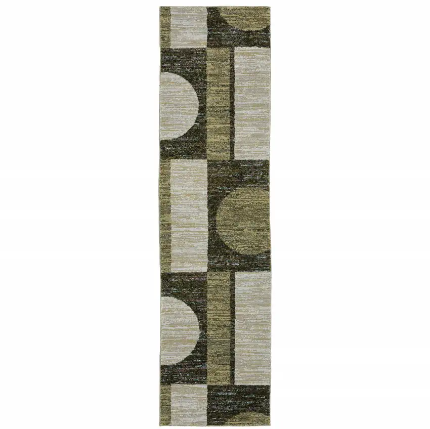 Gold Green Charcoal Teal Blue Purple Grey And Beige Geometric Power Loom Stain Resistant Runner Rug Photo 1