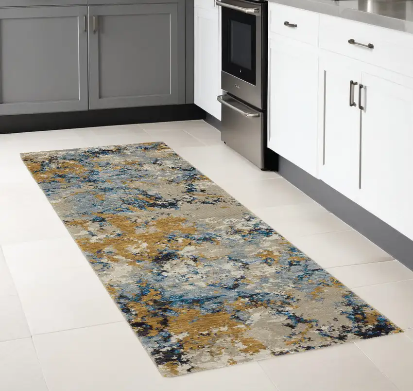 Gray and Ivory Abstract Power Loom Runner Rug Photo 1