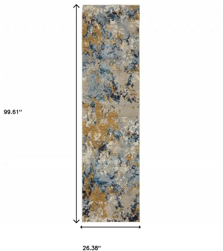 Gold Grey And Ivory Abstract Power Loom Stain Resistant Runner Rug Photo 5