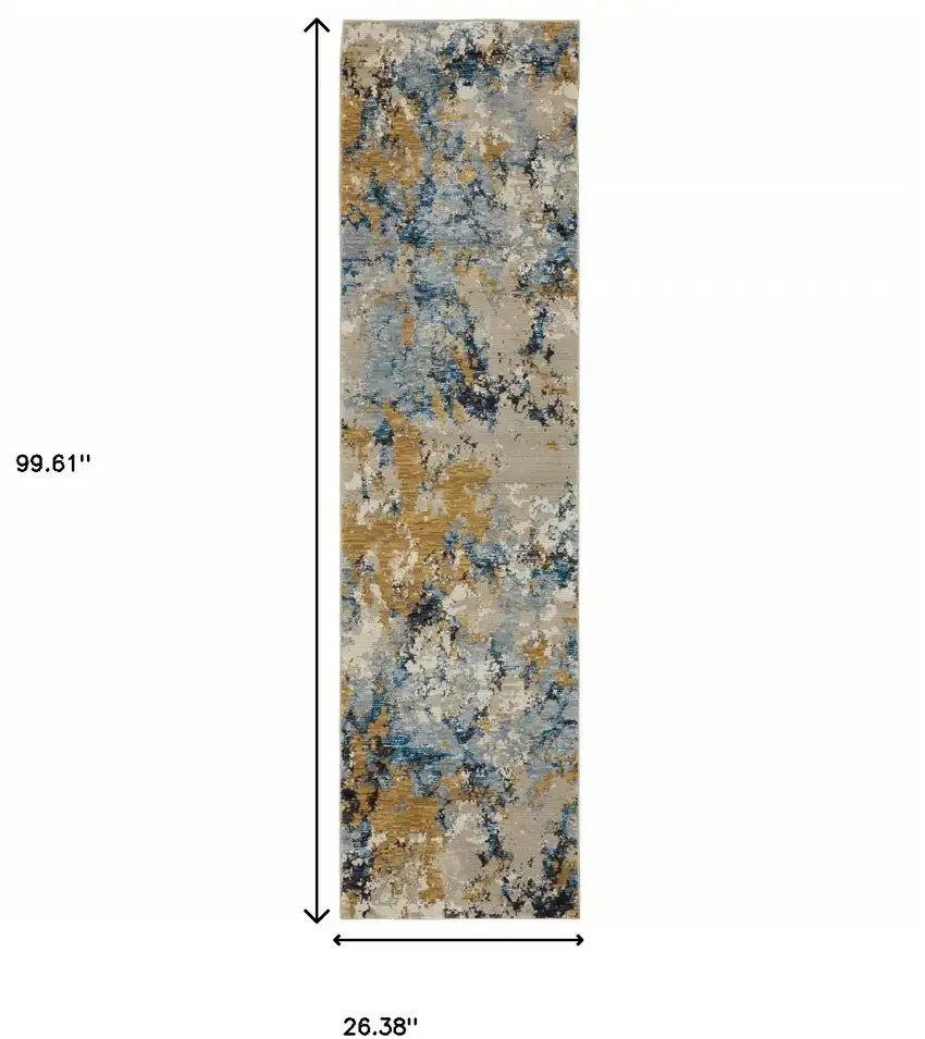 Gold Grey And Ivory Abstract Power Loom Stain Resistant Runner Rug Photo 6