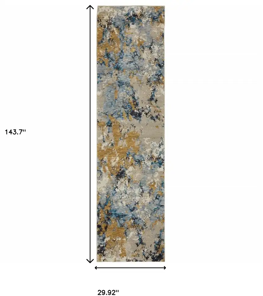 Gold Grey And Ivory Abstract Power Loom Stain Resistant Runner Rug Photo 6