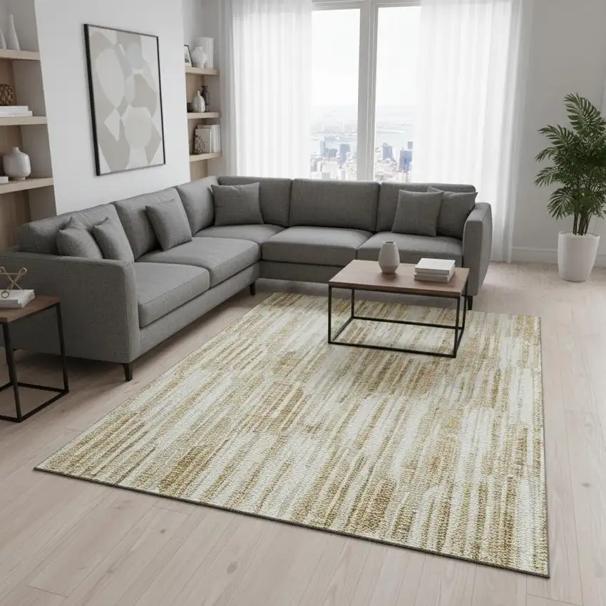 Gold Ivory And Beige Abstract Washable Area Rug With UV Protection Photo 2