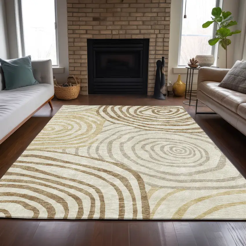 Gold Ivory And Beige Abstract Washable Indoor Outdoor Area Rug Photo 8