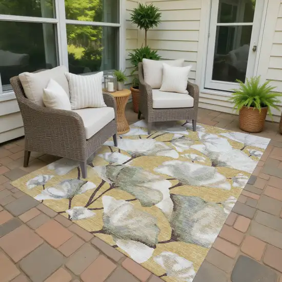 Gold Ivory And Beige Botanical Leaves Washable Indoor Outdoor Area Rug Photo 2