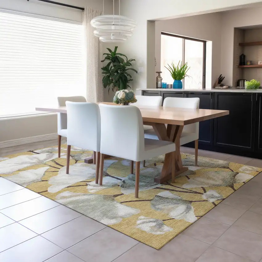 Gold Ivory And Beige Botanical Leaves Washable Indoor Outdoor Area Rug Photo 4