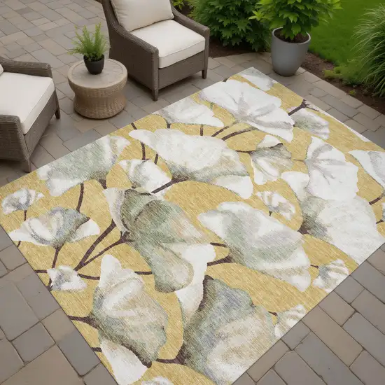 Gold Ivory And Beige Botanical Leaves Washable Indoor Outdoor Area Rug Photo 5