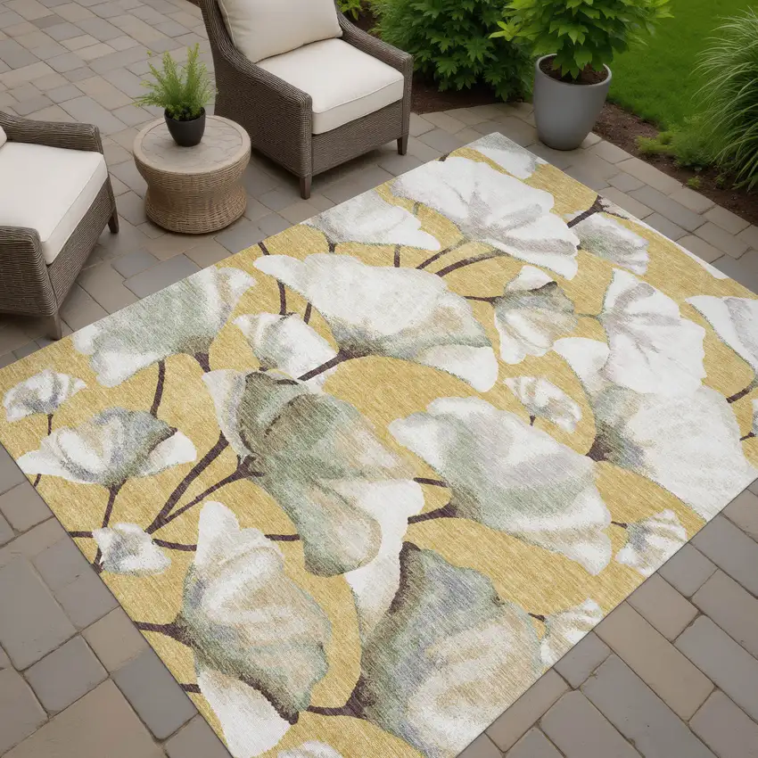 Gold Ivory And Beige Botanical Leaves Washable Indoor Outdoor Area Rug Photo 5