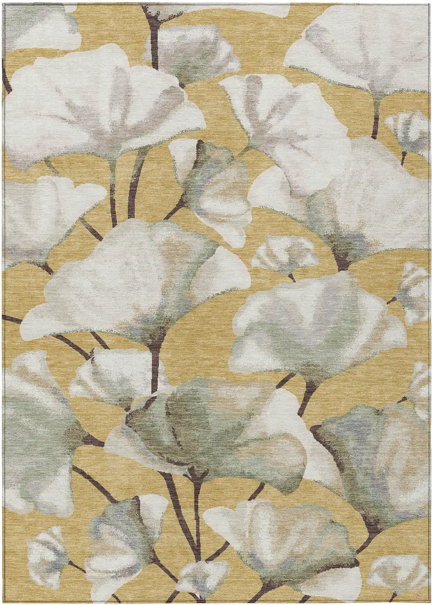 Gold Ivory And Beige Botanical Leaves Washable Indoor Outdoor Area Rug Photo 7