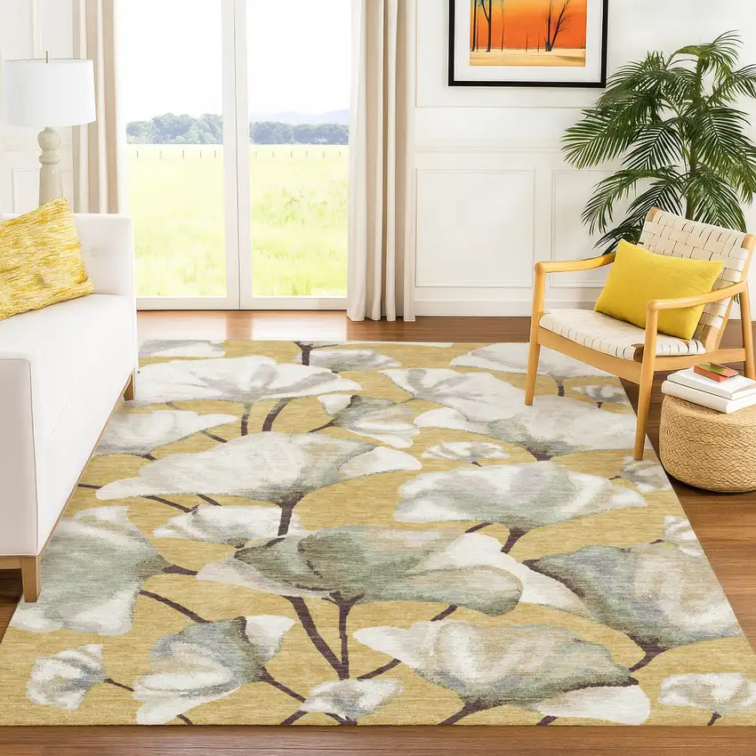 Gold Ivory And Beige Botanical Leaves Washable Indoor Outdoor Area Rug Photo 3