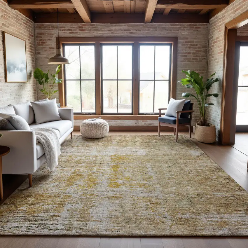 Gold Ivory And Beige Geometric Washable Area Rug With UV Protection Photo 2