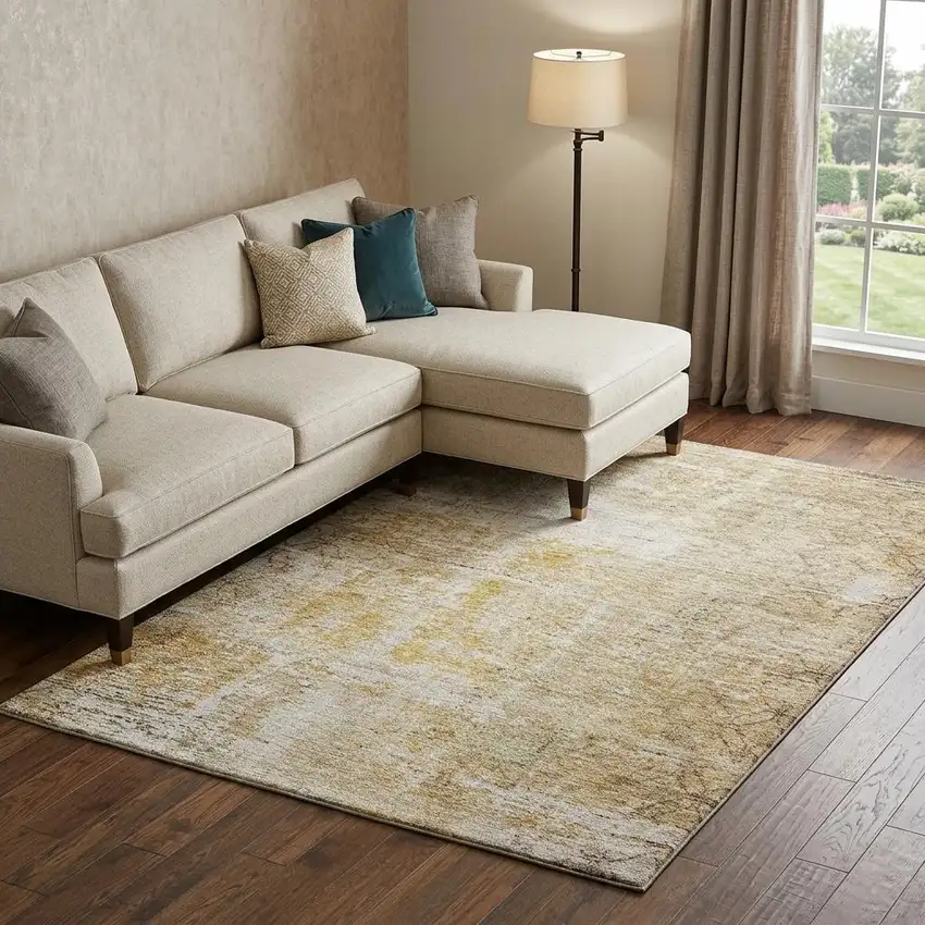 Gold Ivory And Beige Geometric Washable Area Rug With UV Protection Photo 1