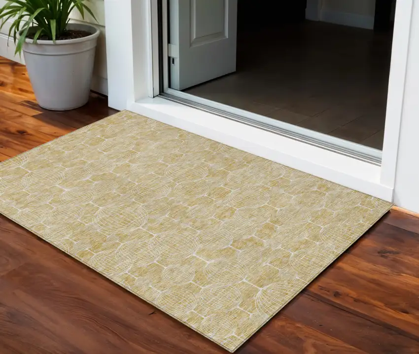 Gold Ivory And Beige Geometric Washable Indoor Outdoor Area Rug Photo 1