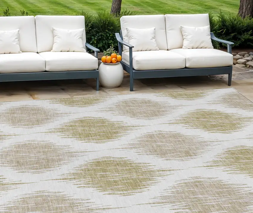 Gold Ivory And Beige Ikat Washable Indoor Outdoor Area Rug Photo 1