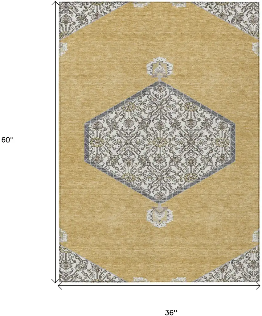 Gold Ivory And Beige Oriental Washable Indoor Outdoor Area Rug Photo 3
