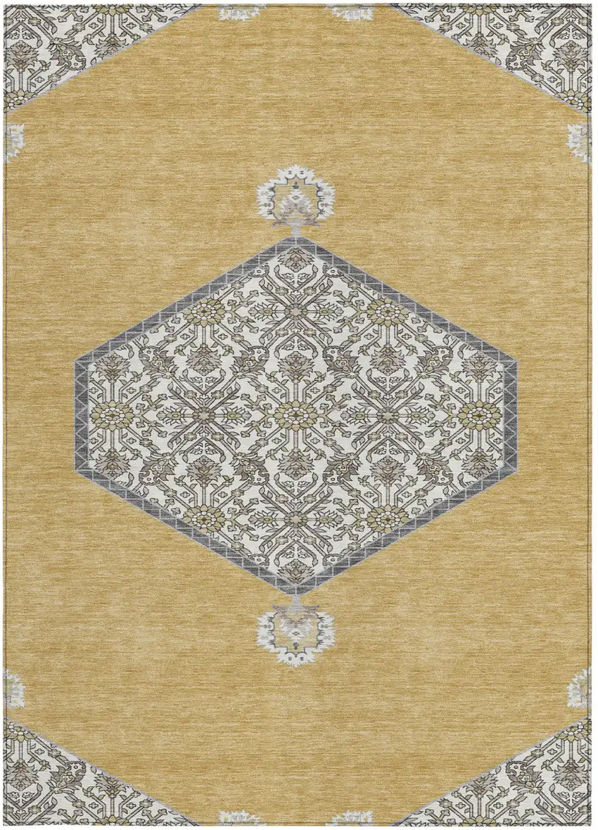 Gold Ivory And Beige Oriental Washable Indoor Outdoor Area Rug Photo 7