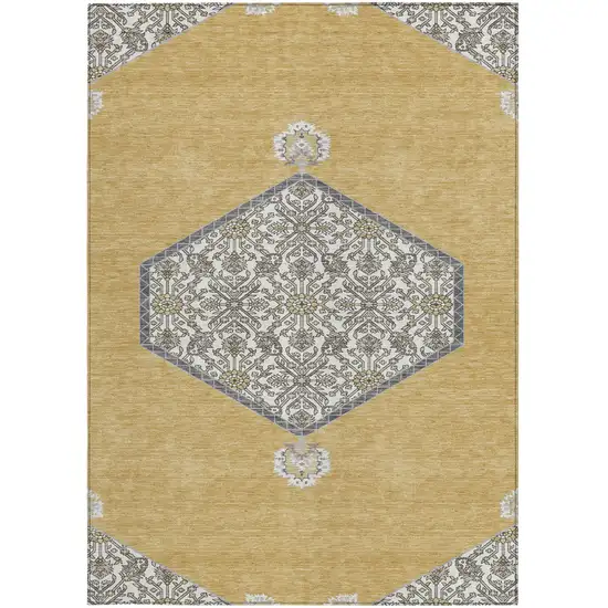 Gold Ivory And Beige Oriental Washable Indoor Outdoor Area Rug Photo 6