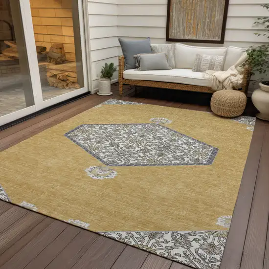 Gold Ivory And Beige Oriental Washable Indoor Outdoor Area Rug Photo 7